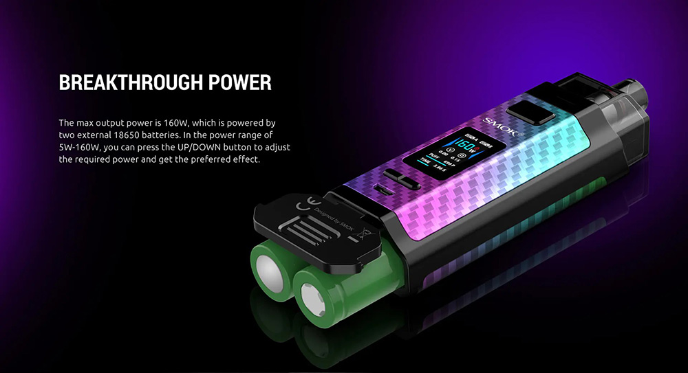 Powered By Dual 18650 And Max Output 160W， Adjust The Output By Press The UP/Down Buttons Freely