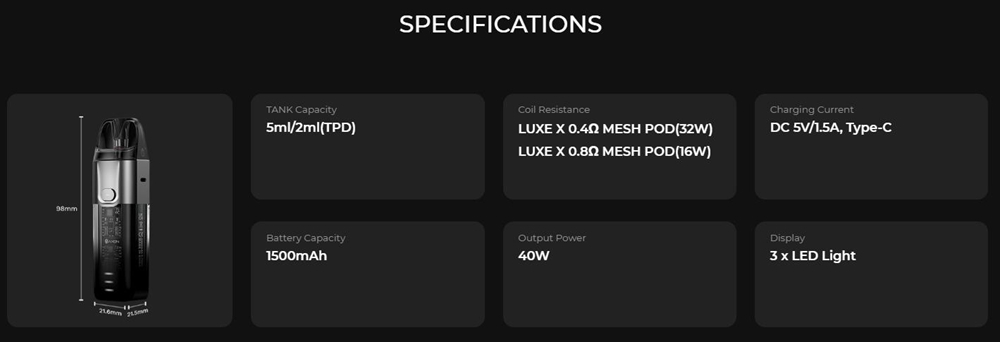 Vaporesso LUXE X pod kit Specifications